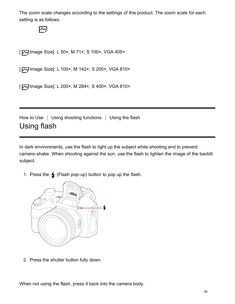 Using flash | Sony DSC-HX400V User Manual | Page 58 / 196