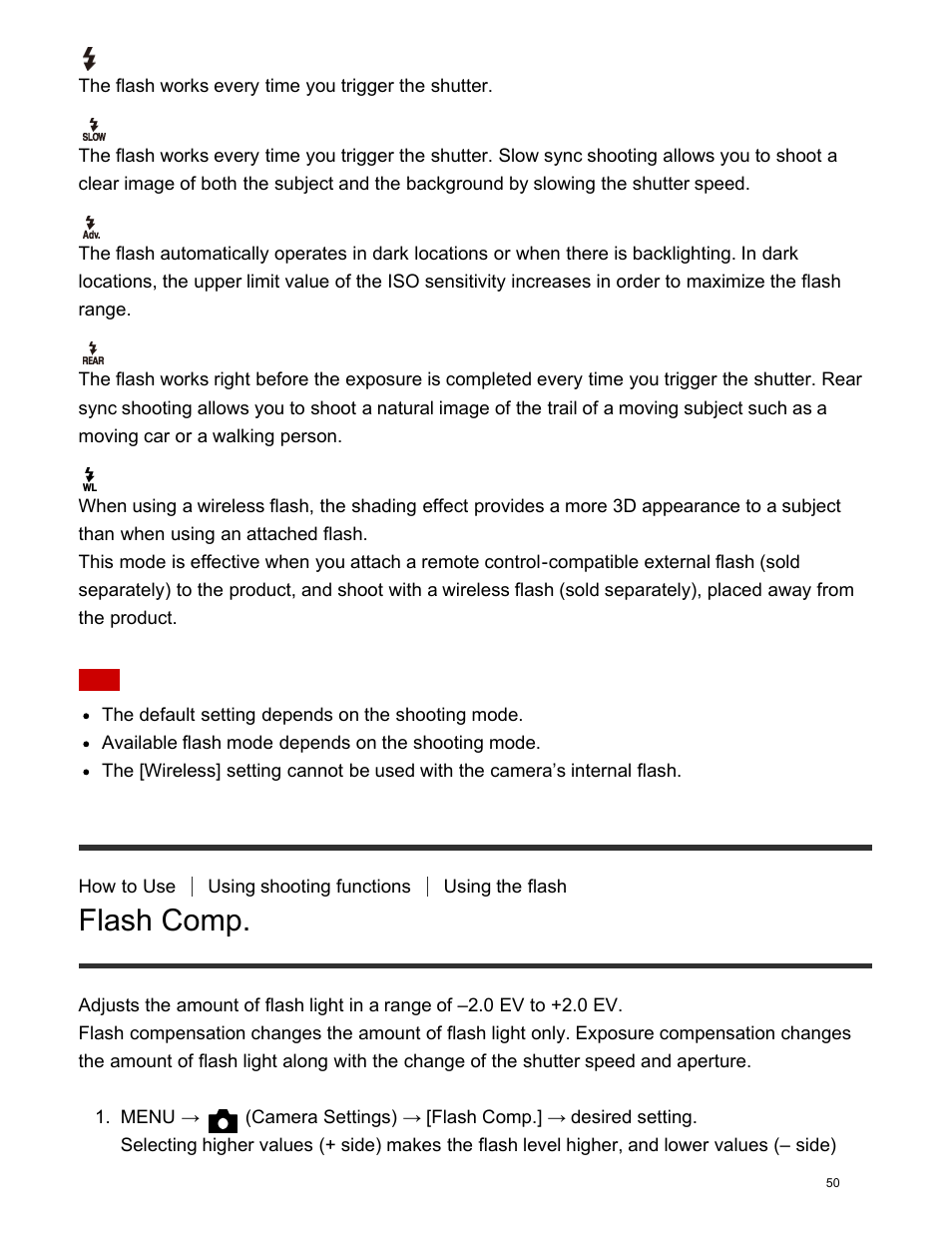 Flash comp | Sony DSC-HX400V User Manual | Page 60 / 196