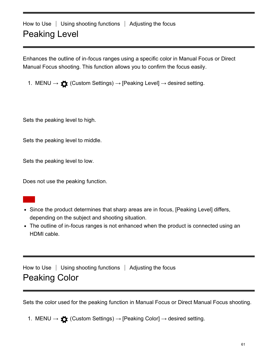 Peaking color, Peaking level | Sony DSC-HX400V User Manual | Page 71 / 196