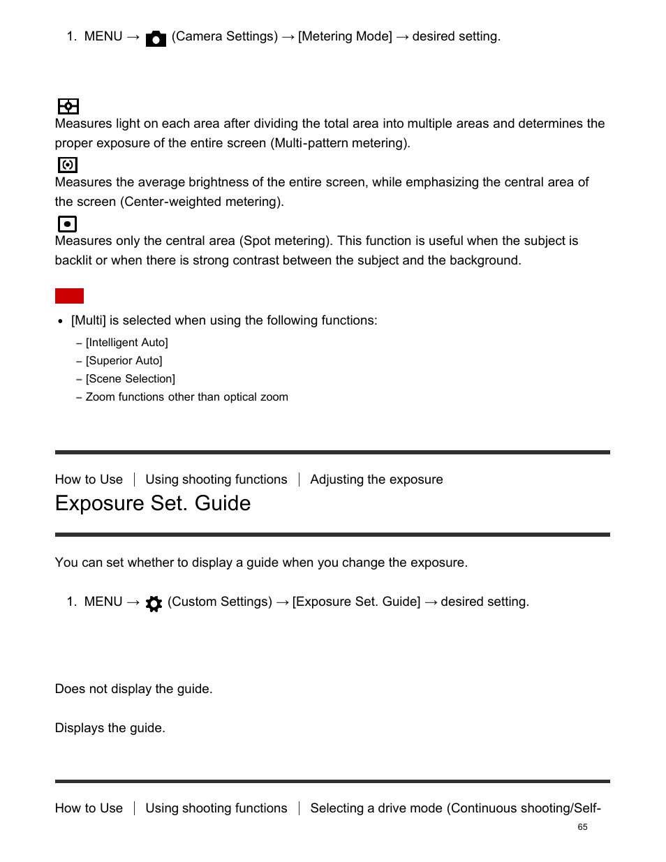 Exposure set. guide, Drive mode, Menu item details | Sony DSC-HX400V User Manual | Page 75 / 196