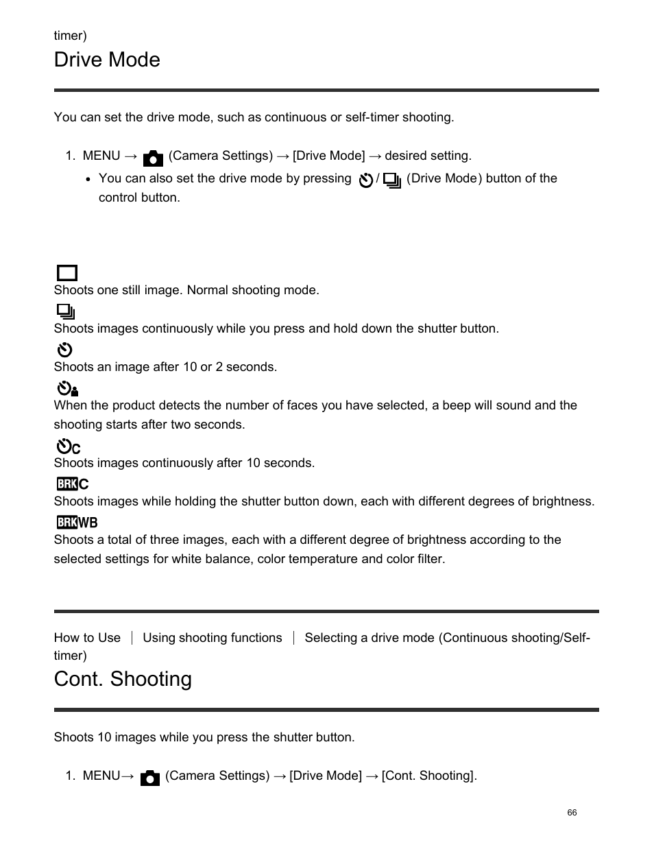 Cont. shooting, Drive mode | Sony DSC-HX400V User Manual | Page 76 / 196