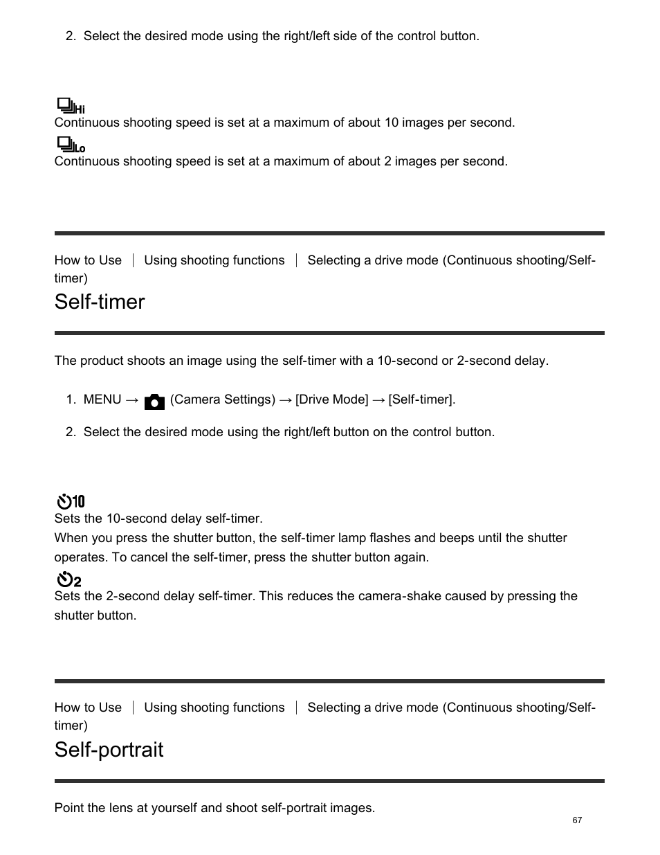 Self-timer, Self-portrait | Sony DSC-HX400V User Manual | Page 77 / 196
