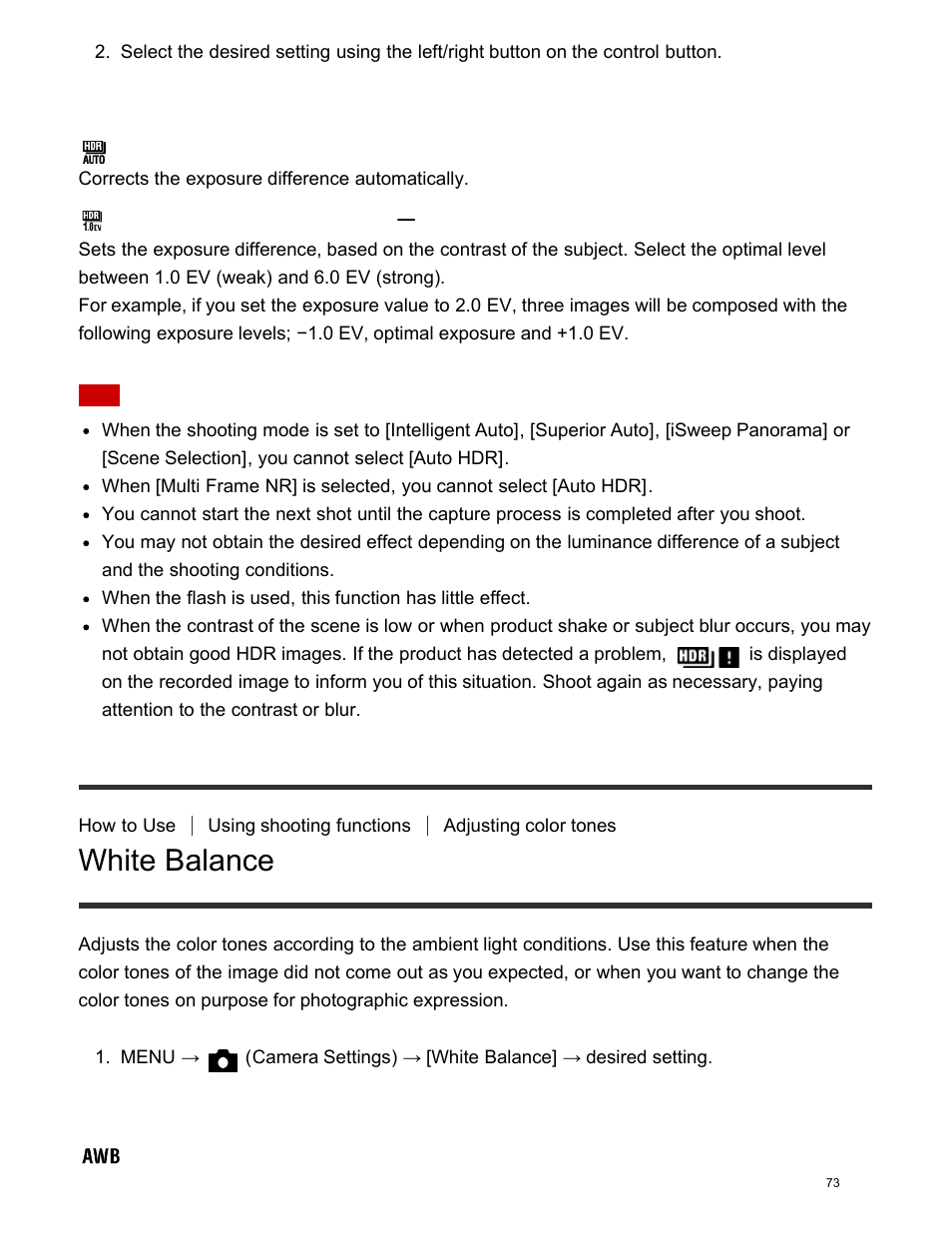 White balance, Menu item details | Sony DSC-HX400V User Manual | Page 83 / 196