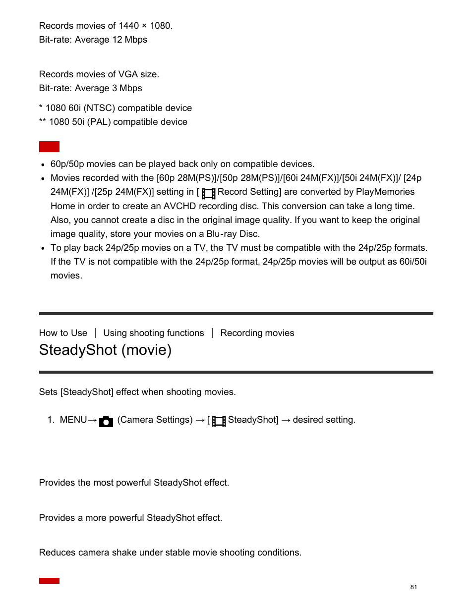 Steadyshot (movie), Menu item details | Sony DSC-HX400V User Manual | Page 91 / 196