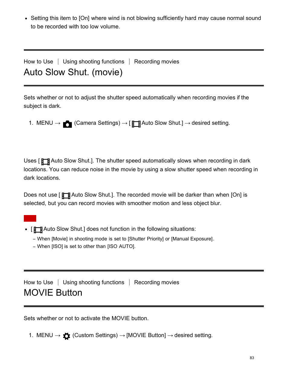 Auto slow shut. (movie), Movie button, Menu item details | Sony DSC-HX400V User Manual | Page 93 / 196