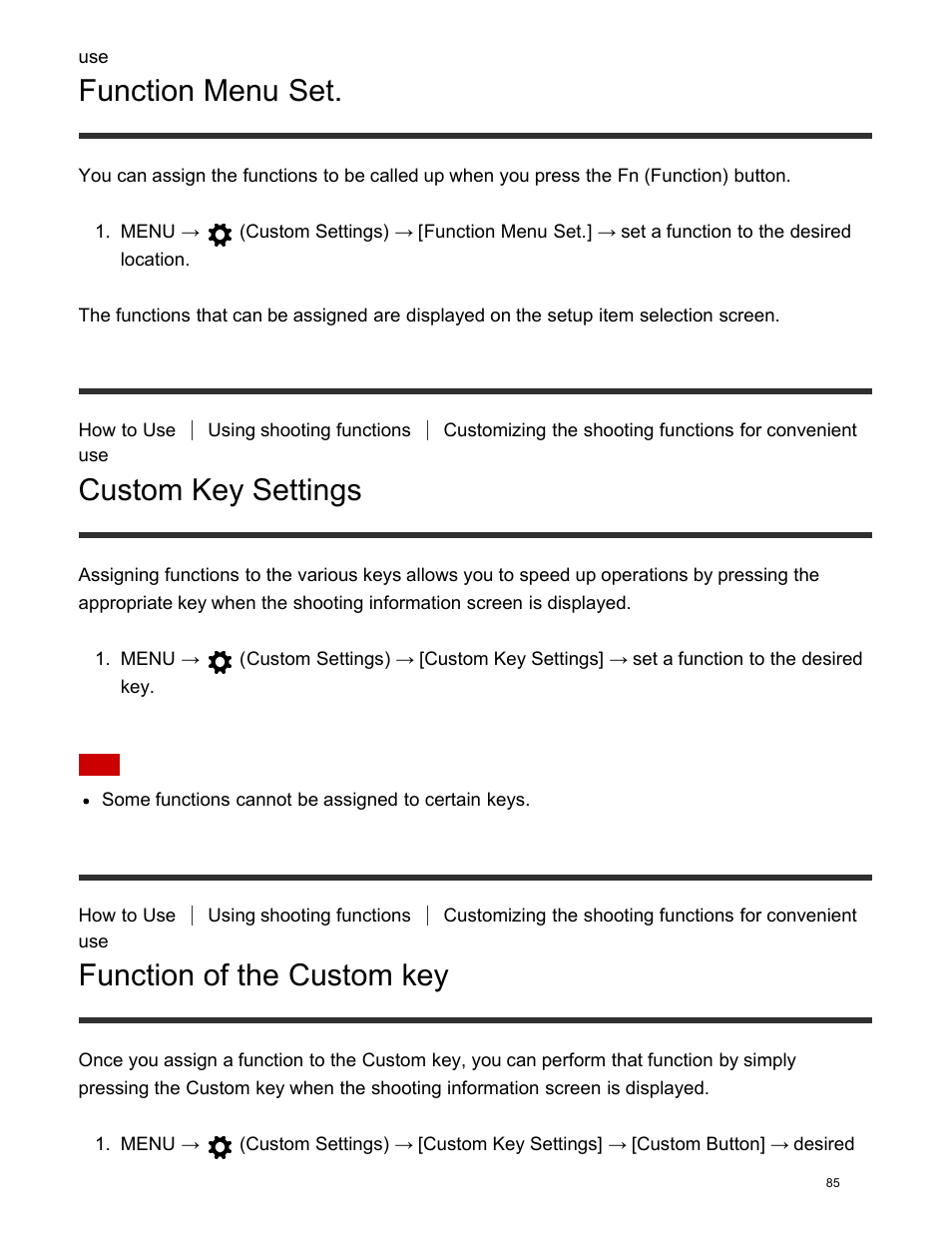 Custom key settings, Function of the custom key, Function menu set | Sony DSC-HX400V User Manual | Page 95 / 196