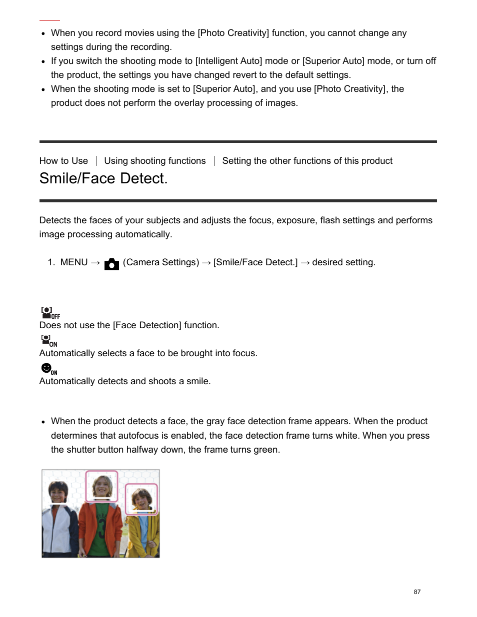 Smile/face detect | Sony DSC-HX400V User Manual | Page 97 / 196