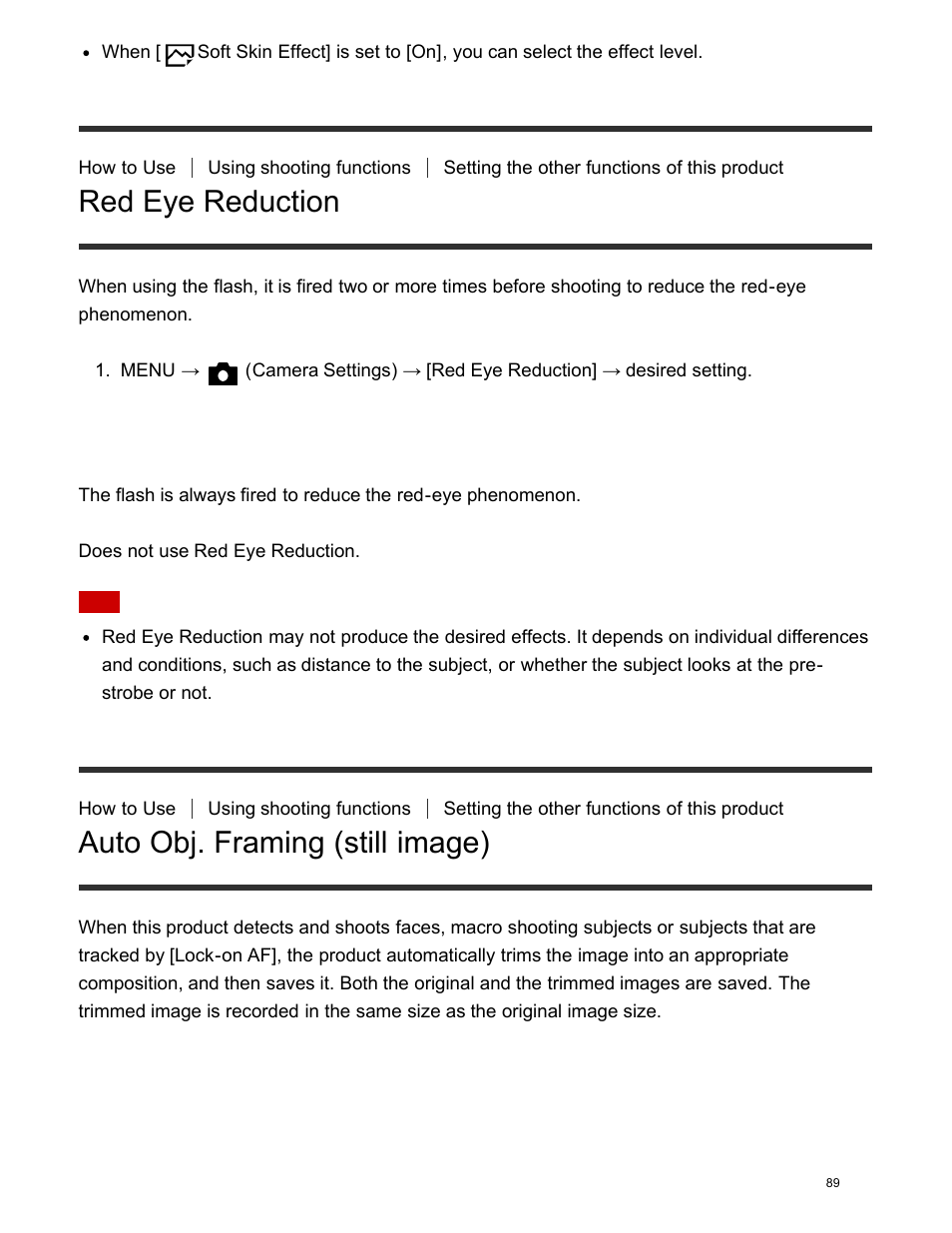 Red eye reduction, Auto obj. framing (still image) | Sony DSC-HX400V User Manual | Page 99 / 196