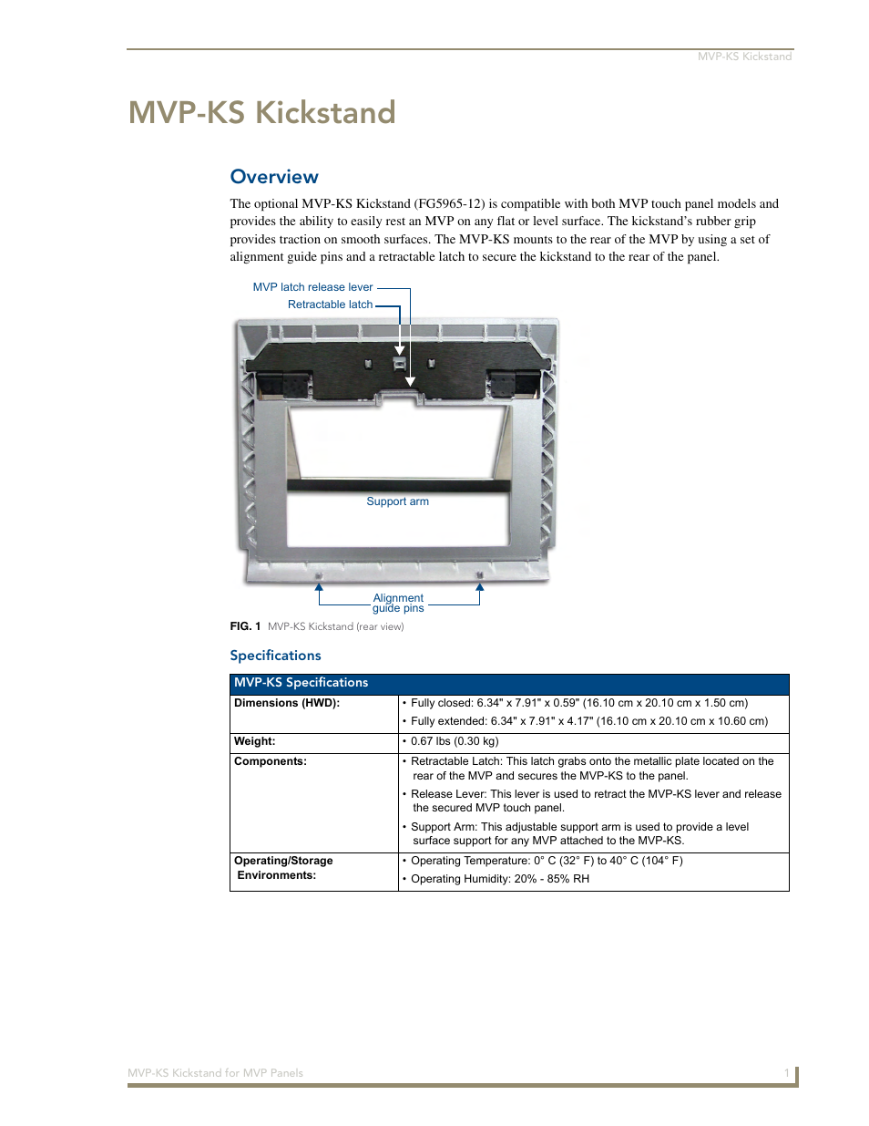 Mvp-ks kickstand, Overview, Specifications | AMX Kickstand for MVP Touch Panels MVP-KS User Manual | Page 7 / 10