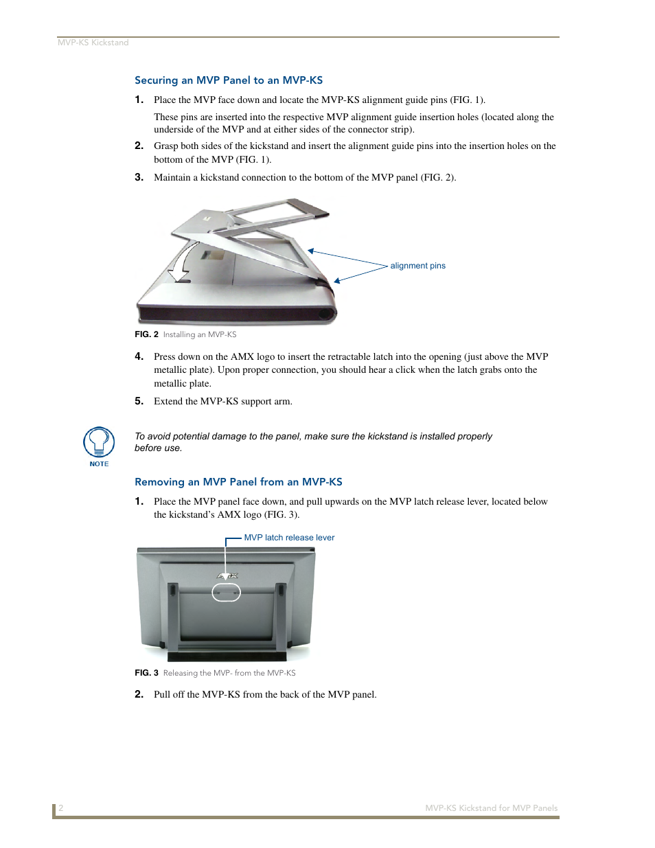 Securing an mvp panel to an mvp-ks, Removing an mvp panel from an mvp-ks | AMX Kickstand for MVP Touch Panels MVP-KS User Manual | Page 8 / 10