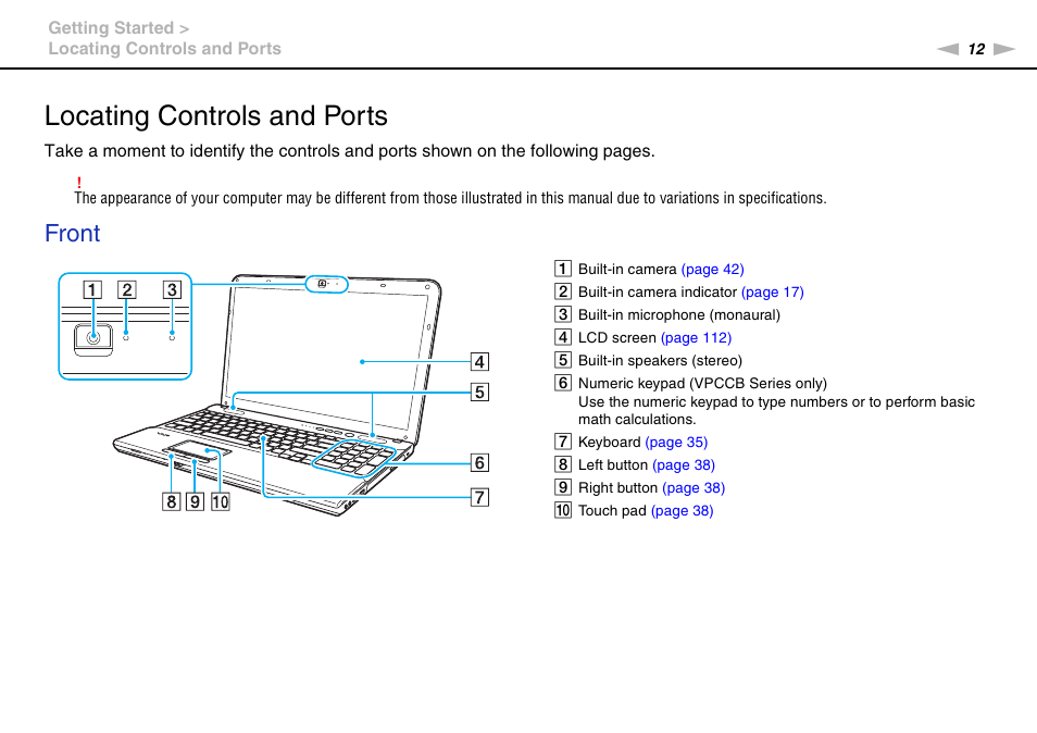 Locating controls and ports, Front | Sony VPCCB4SFX User Manual | Page 12 / 166