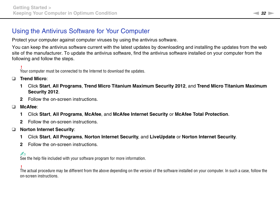 Using the antivirus software for your computer | Sony VPCCB4SFX User Manual | Page 32 / 166