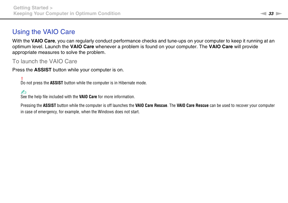 Using the vaio care | Sony VPCCB4SFX User Manual | Page 33 / 166