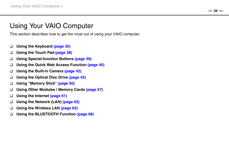 Using your vaio computer | Sony VPCCB4SFX User Manual | Page 34 / 166