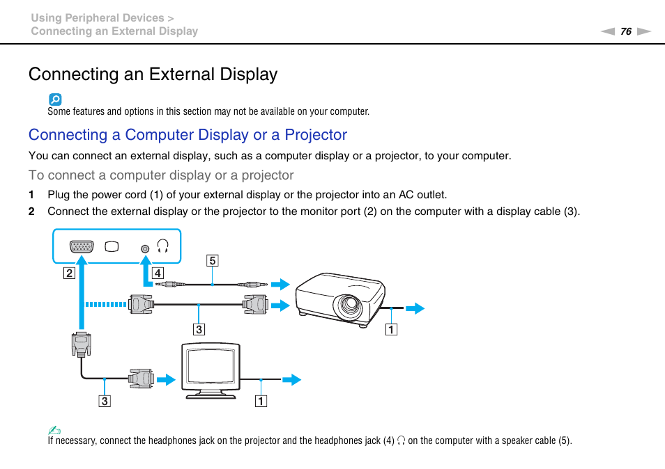 Connecting an external display, Connecting a computer display or a projector | Sony VPCCB4SFX User Manual | Page 76 / 166