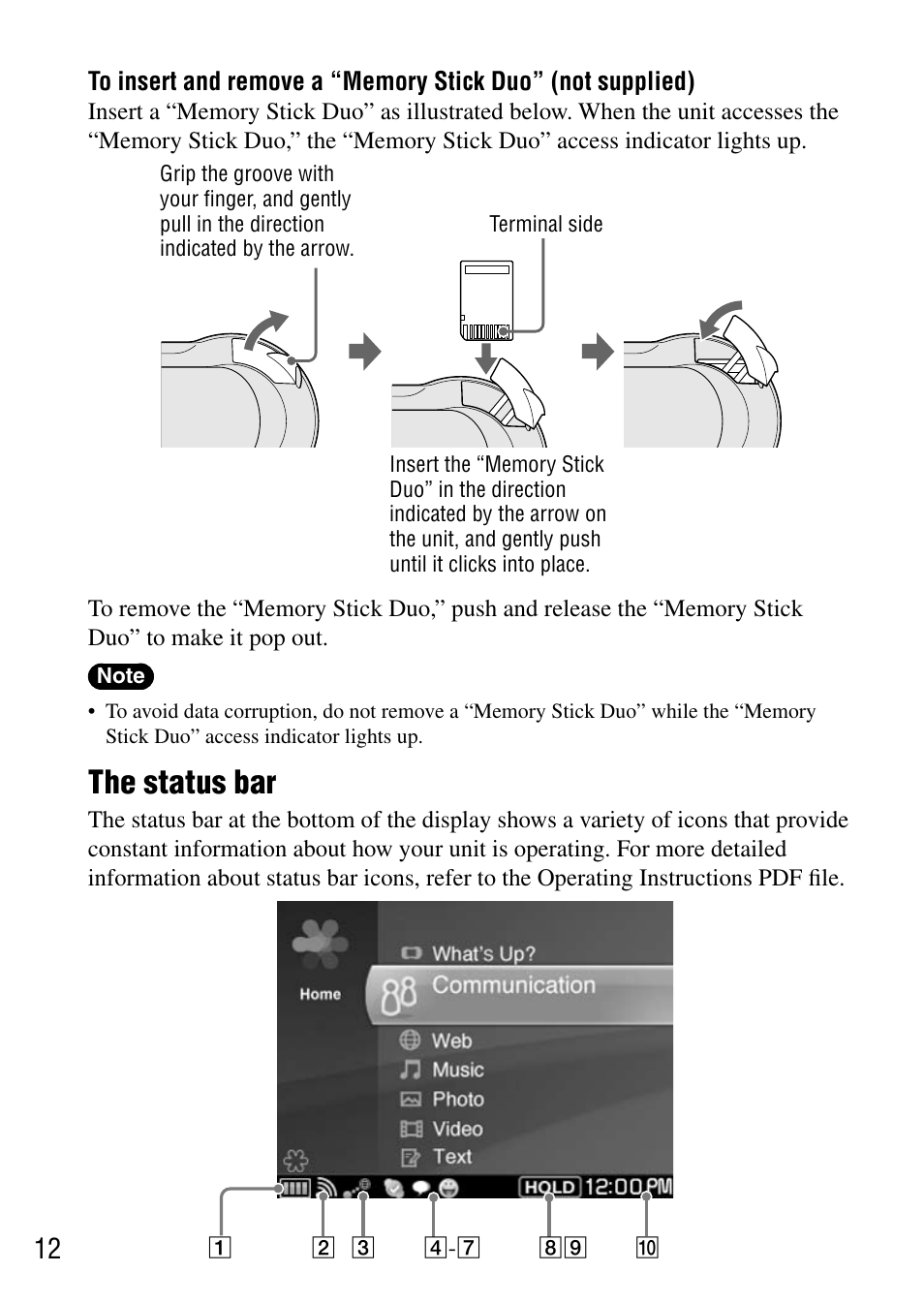 The status bar | Sony COM-1 User Manual | Page 12 / 56