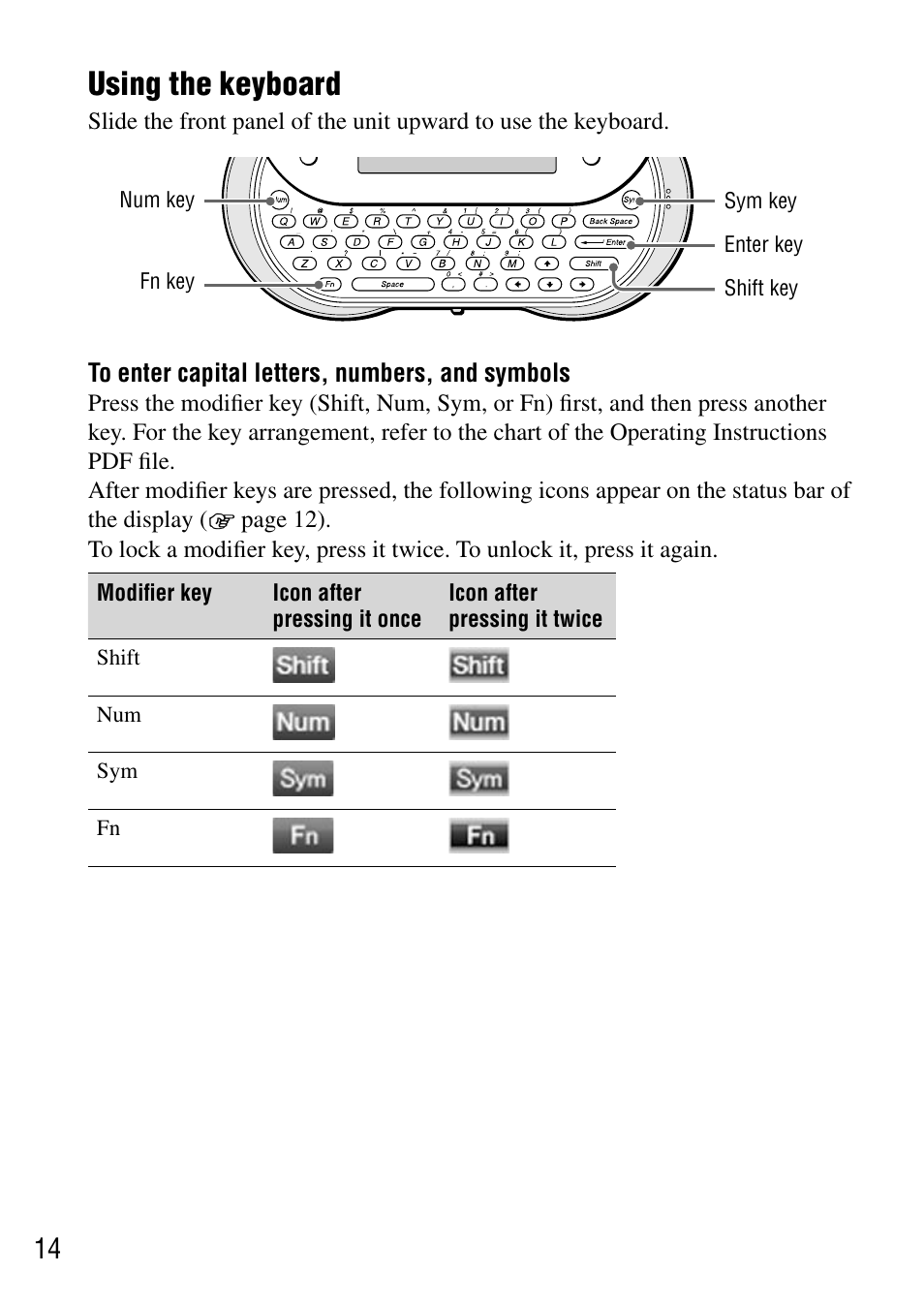 Using the keyboard | Sony COM-1 User Manual | Page 14 / 56