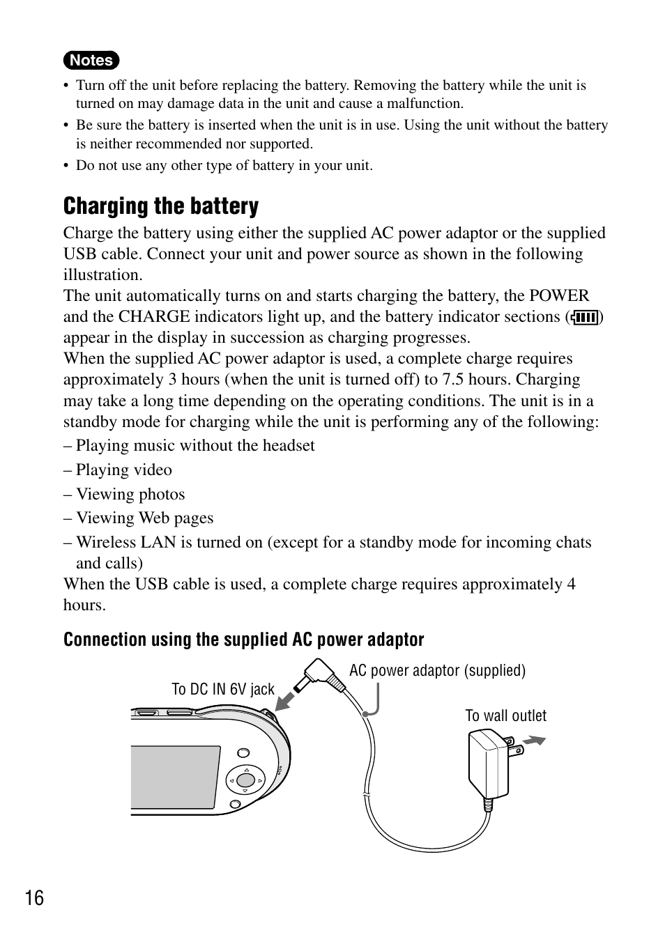 Charging the battery | Sony COM-1 User Manual | Page 16 / 56