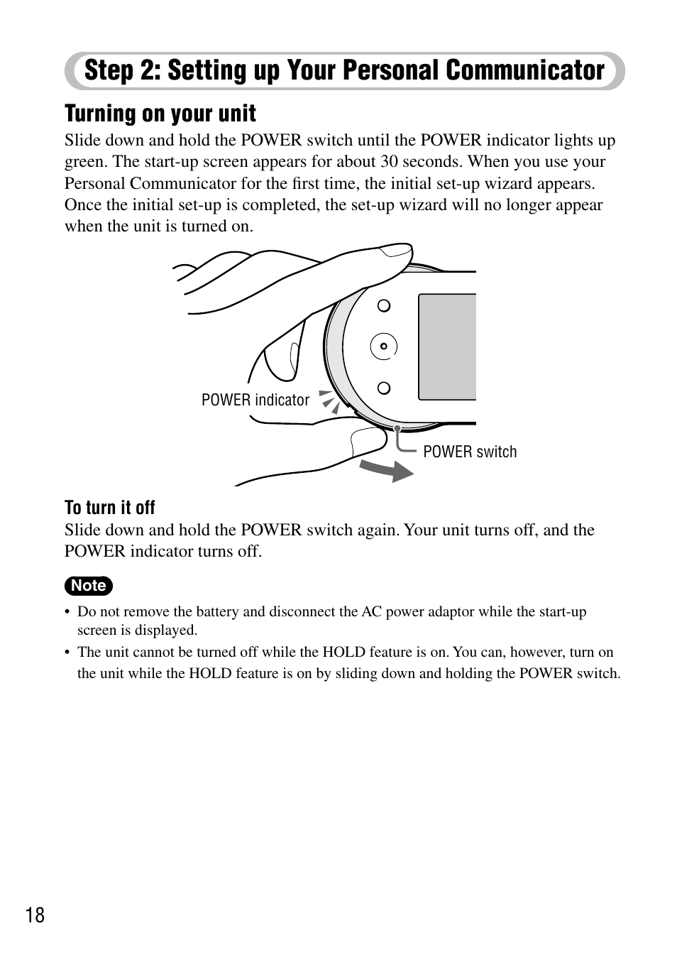 Step 2: setting up your personal communicator, Turning on your unit, Step 2: setting up your personal | Communicator | Sony COM-1 User Manual | Page 18 / 56