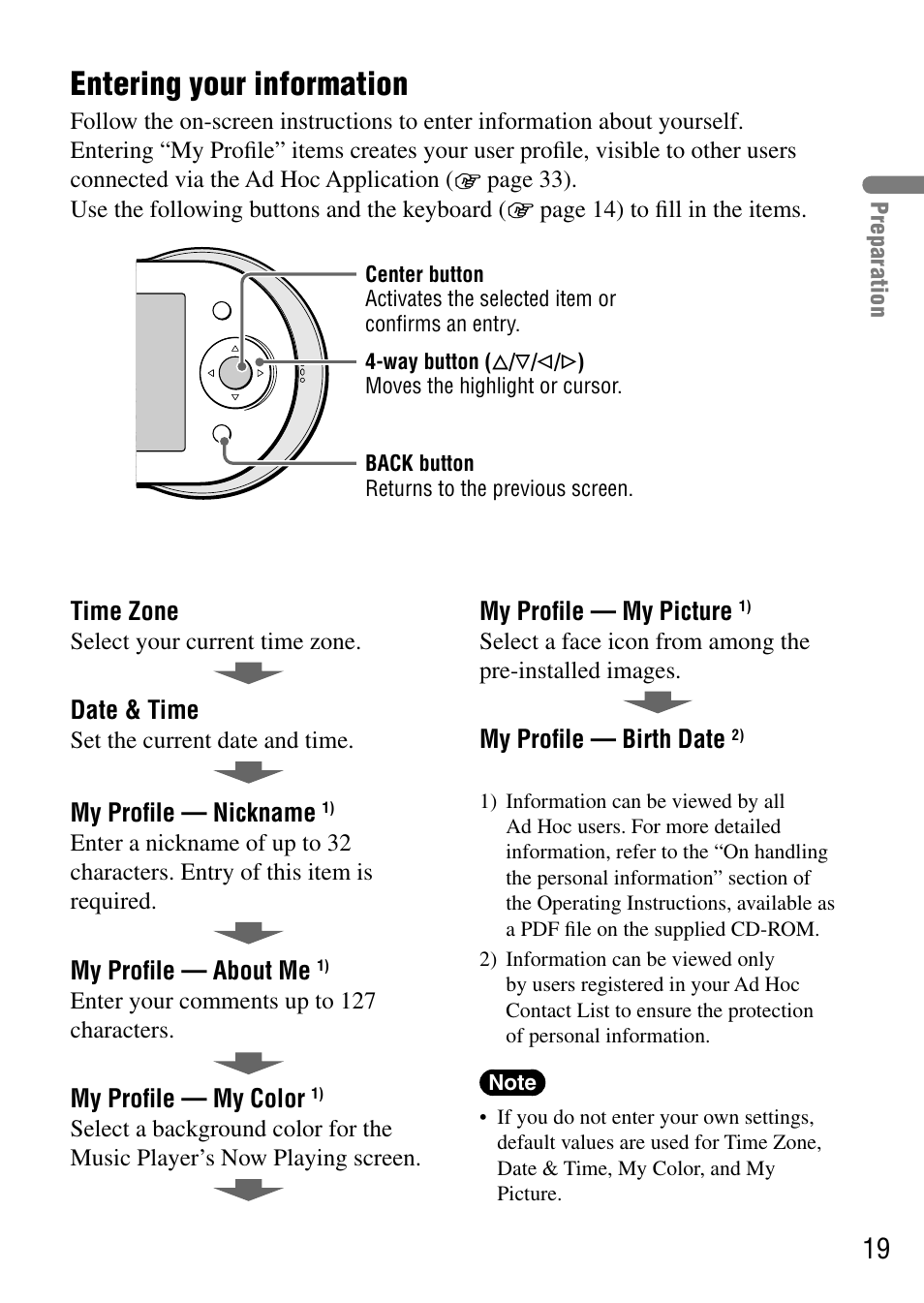 Entering your information | Sony COM-1 User Manual | Page 19 / 56