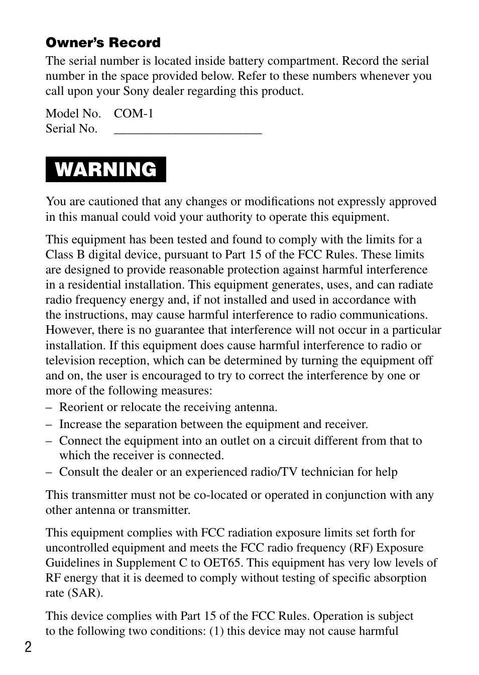 Warning | Sony COM-1 User Manual | Page 2 / 56