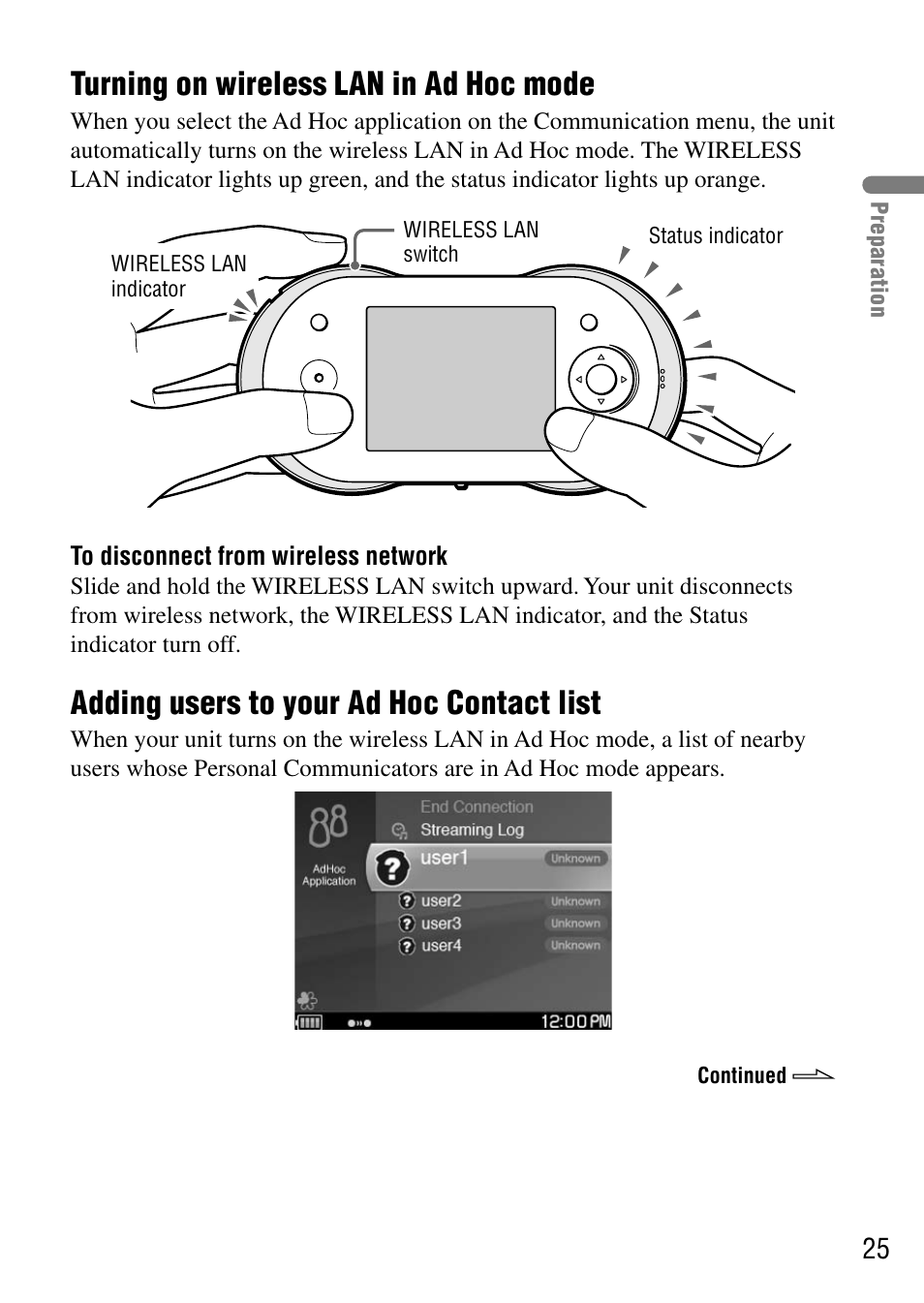 Turning on wireless lan in ad hoc mode, Adding users to your ad hoc contact list, Turning on wireless lan in | Ad hoc mode, Adding users to your ad hoc, Contact list | Sony COM-1 User Manual | Page 25 / 56