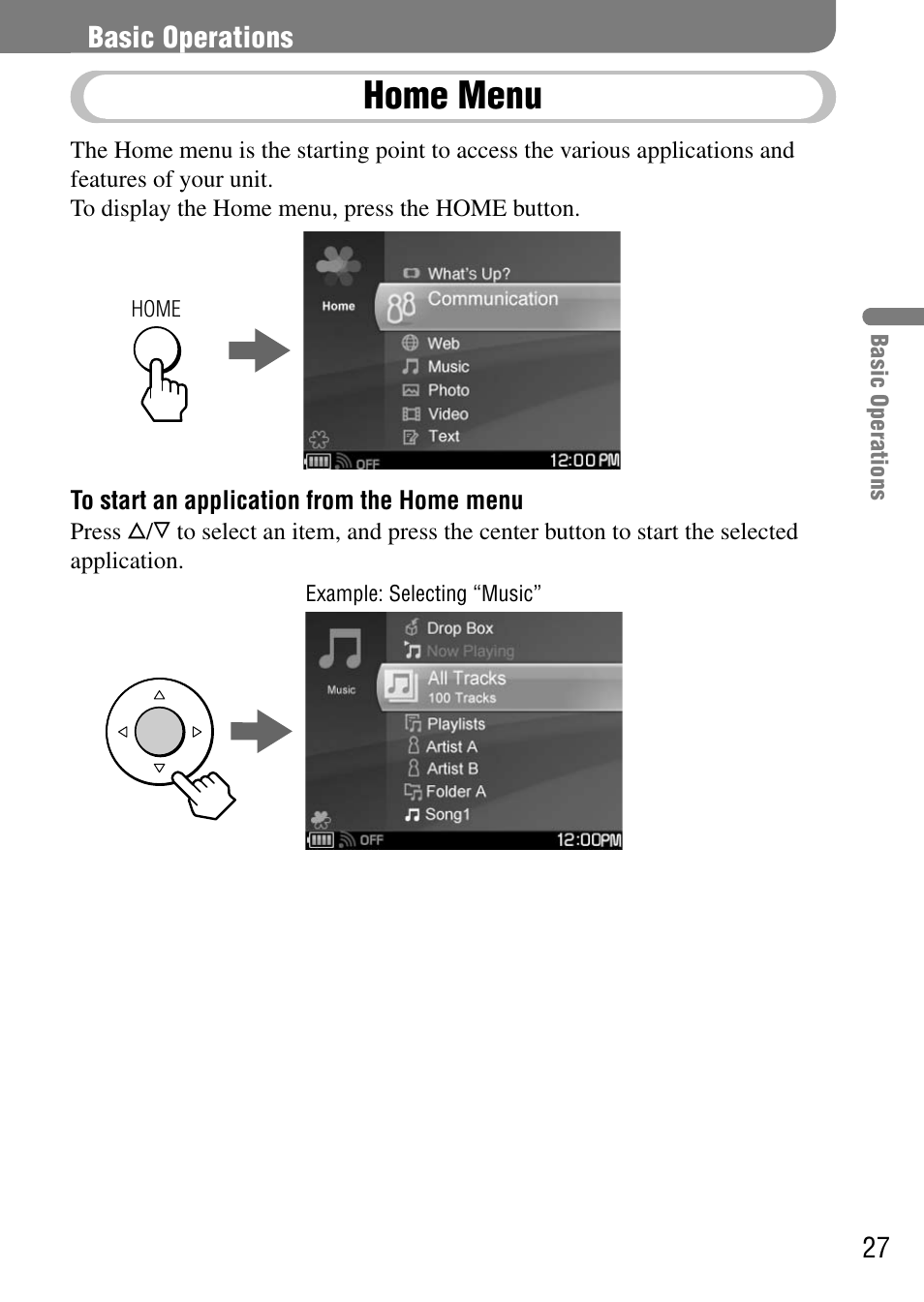 Basic operations, Home menu | Sony COM-1 User Manual | Page 27 / 56