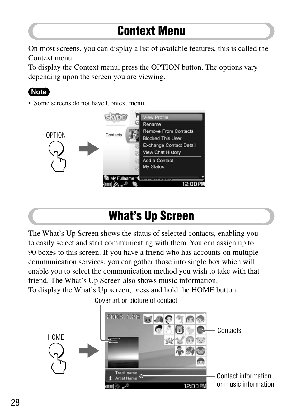 Context menu, What’s up screen, Context menu what’s up screen | Sony COM-1 User Manual | Page 28 / 56