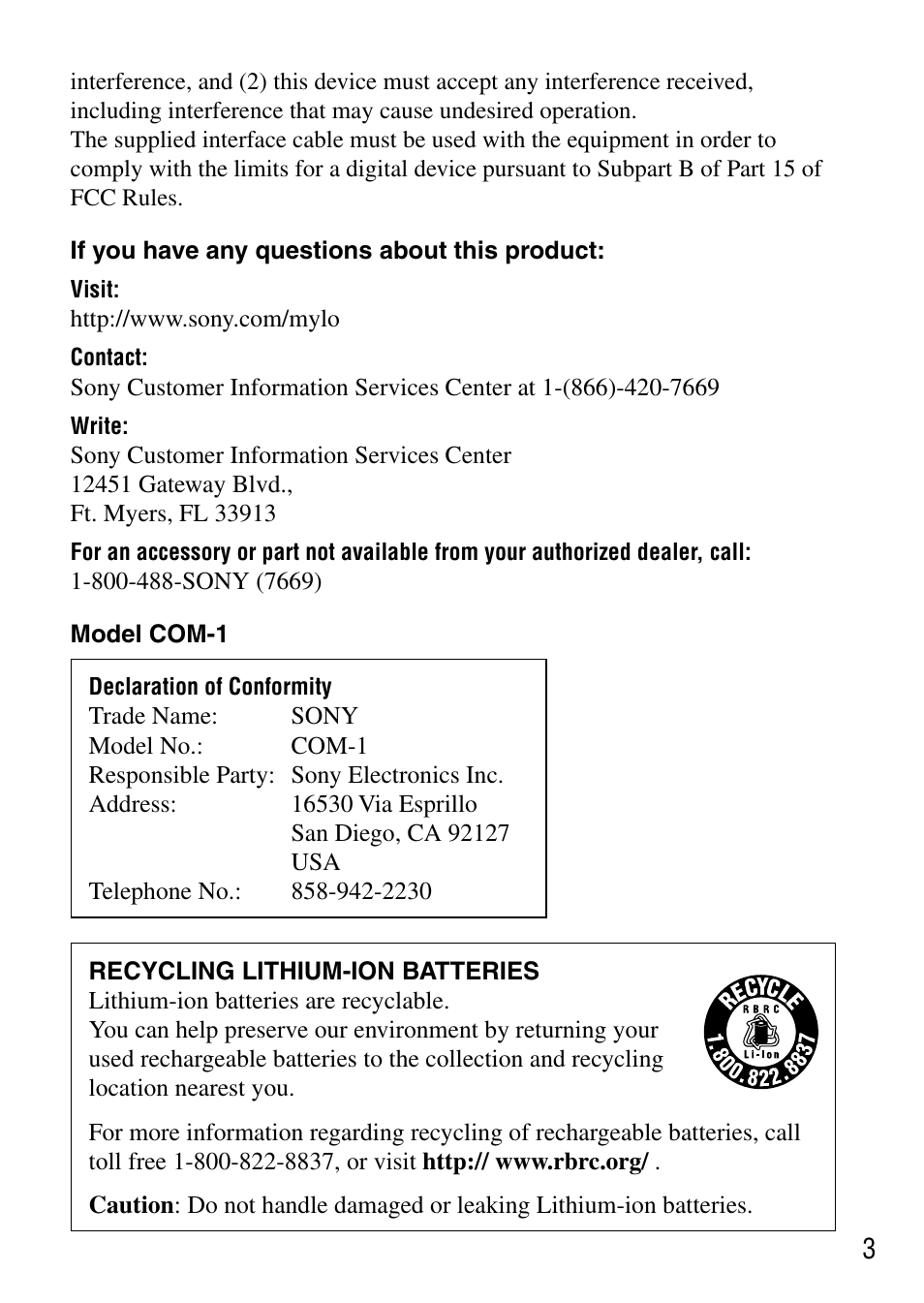 Sony COM-1 User Manual | Page 3 / 56