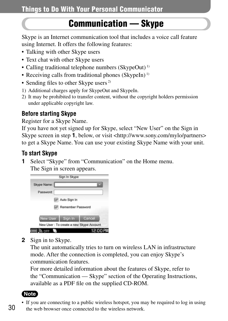 Things to do with your personal communicator, Communication — skype, Things to do with your | Personal communicator | Sony COM-1 User Manual | Page 30 / 56