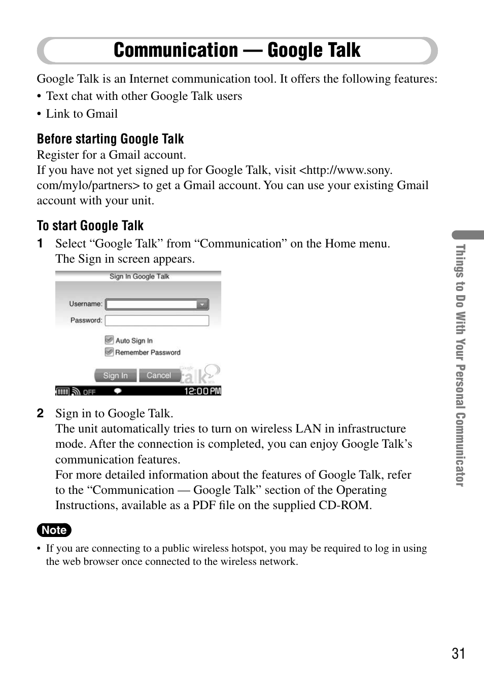 Communication — google talk, Communication, Google talk | Sony COM-1 User Manual | Page 31 / 56