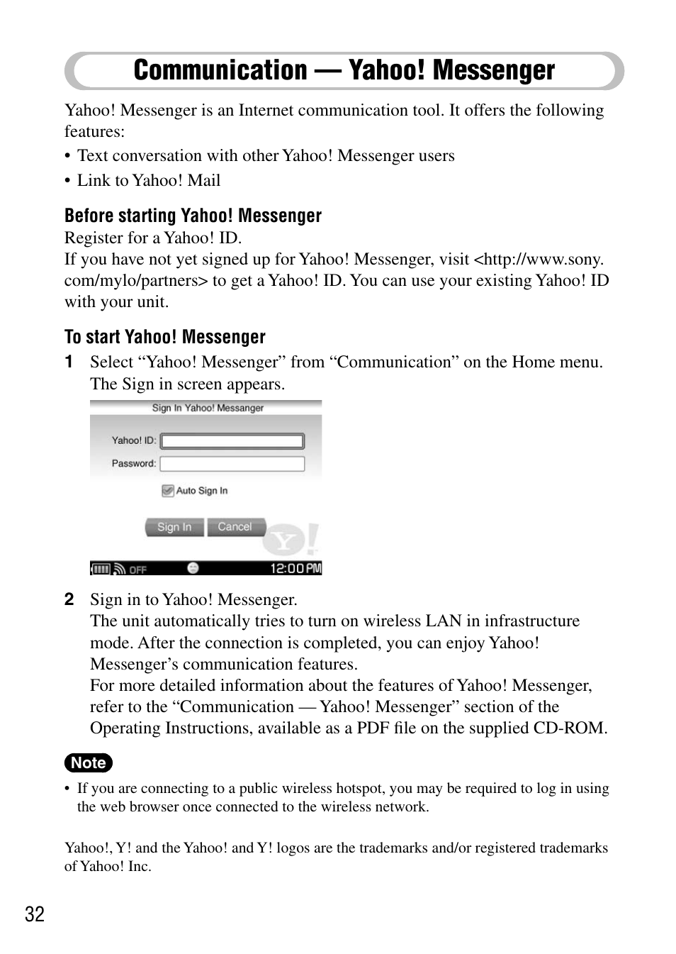 Communication — yahoo! messenger, Communication, Yahoo! messenger | Sony COM-1 User Manual | Page 32 / 56