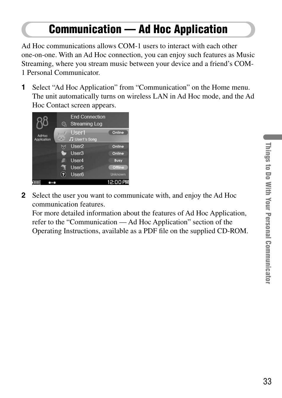 Communication — ad hoc application, Communication, Ad hoc application | Sony COM-1 User Manual | Page 33 / 56