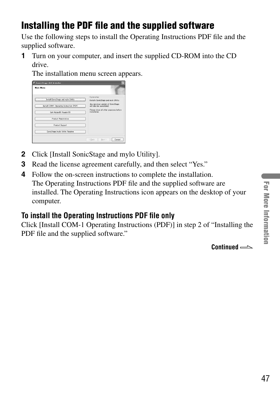 Installing the pdf file and the supplied software, Installing the pdf ﬁle and the, Supplied software | Installing the pdf ﬁle and the supplied software | Sony COM-1 User Manual | Page 47 / 56