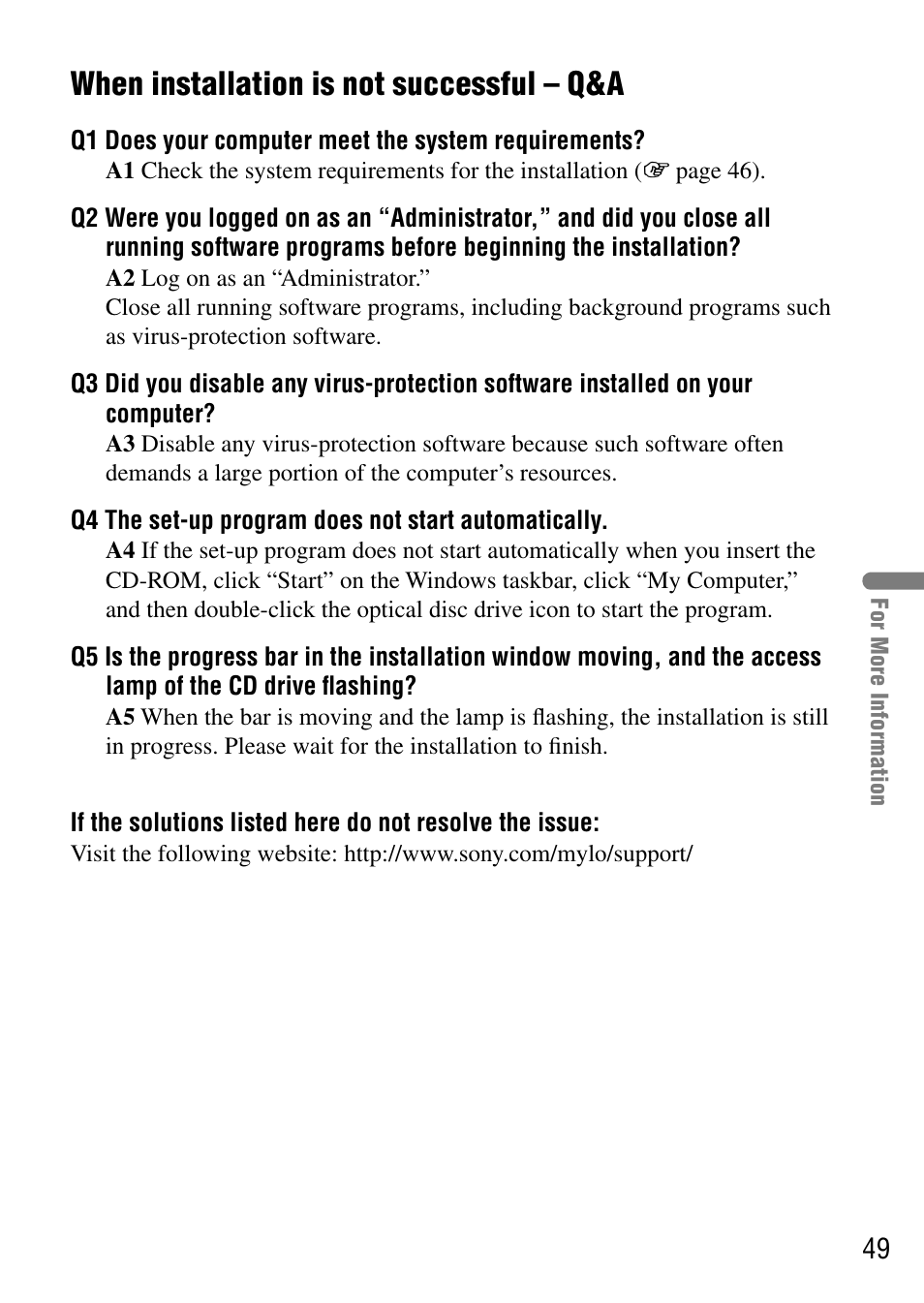 When installation is not successful – q&a, When installation is not, Successful – q&a | Sony COM-1 User Manual | Page 49 / 56