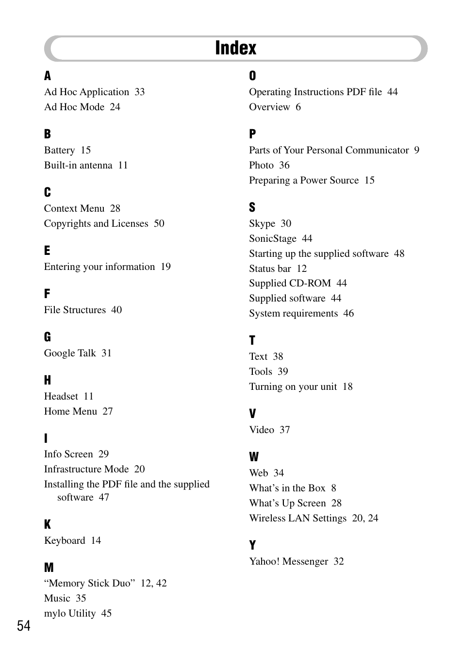 Index | Sony COM-1 User Manual | Page 54 / 56