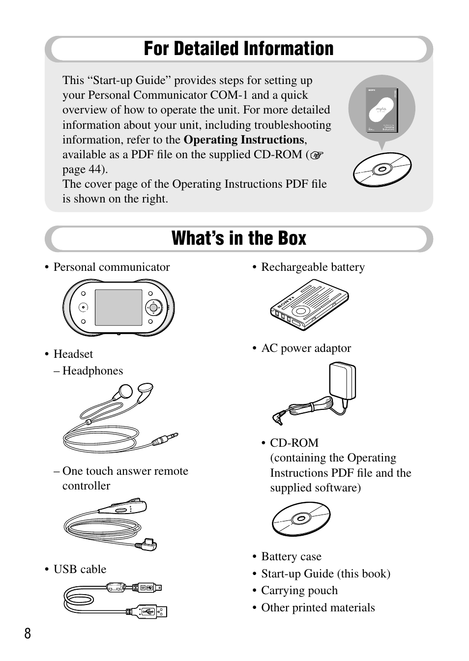 For detailed information, What’s in the box, For detailed information what’s in the box | Sony COM-1 User Manual | Page 8 / 56