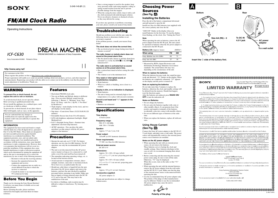 Sony ICF-C630 User Manual | 2 pages