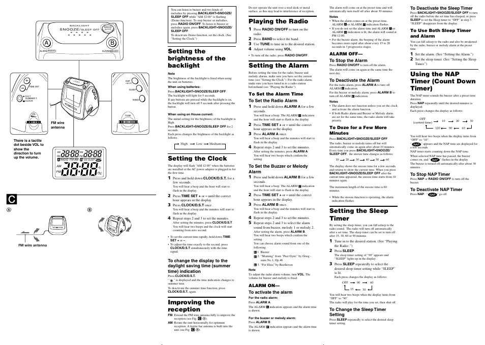 Setting the brightness of the backlight, Setting the clock, Improving the reception | Playing the radio, Setting the alarm, Setting the sleep timer, Using the nap timer (count down timer) | Sony ICF-C630 User Manual | Page 2 / 2