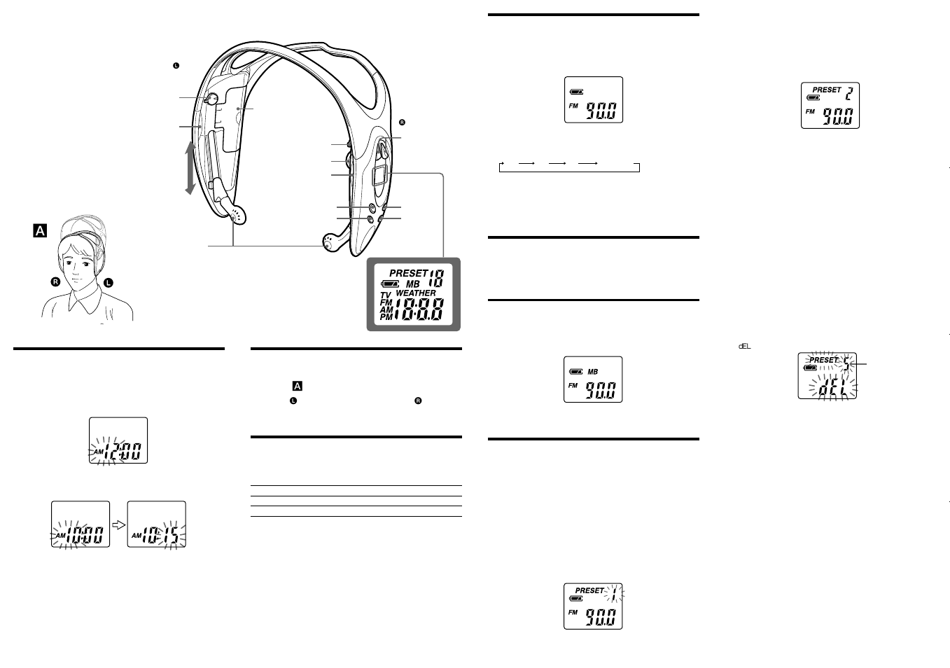 Setting the clock, Wearing the headphone radio, Changing am channel step | Playing the radio, Improving radio reception, Obtaining powerful bass sound, Presetting your favorite stations | Sony SRF-HM03V User Manual | Page 2 / 2