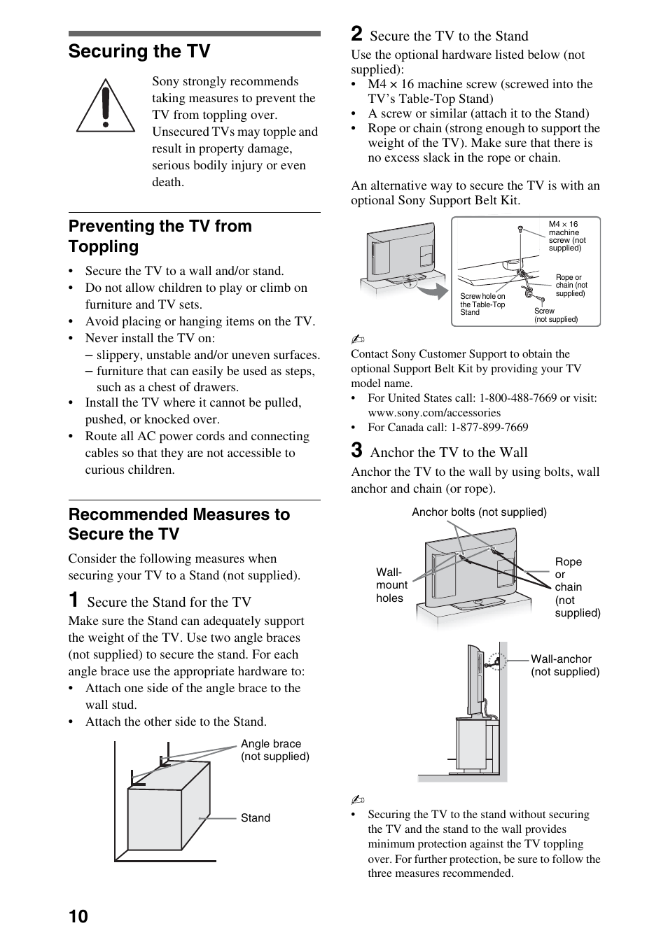 Securing the tv, Preventing the tv from toppling, Recommended measures to secure the tv | Sony KDL-32EX40B User Manual | Page 10 / 24