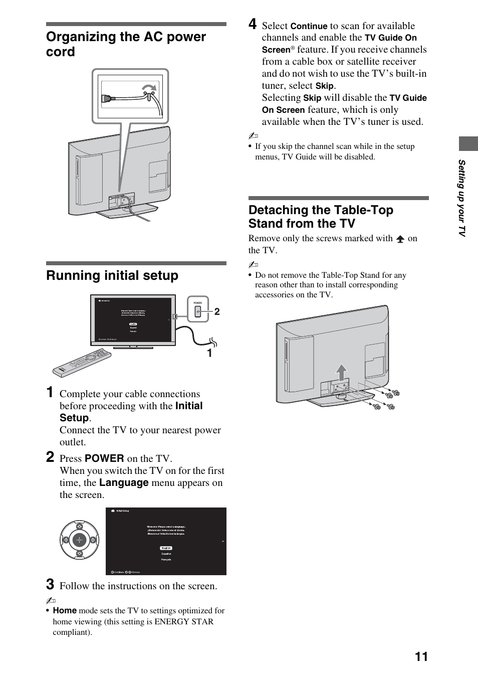 Organizing the ac power cord, Running initial setup, Detaching the table-top stand from the tv | Organizing the ac power cord running initial setup | Sony KDL-32EX40B User Manual | Page 11 / 24