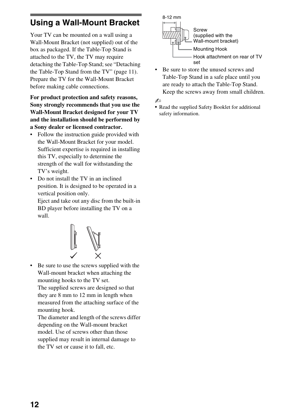 Using a wall-mount bracket | Sony KDL-32EX40B User Manual | Page 12 / 24