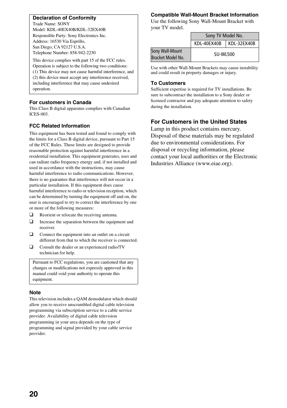 Sony KDL-32EX40B User Manual | Page 20 / 24