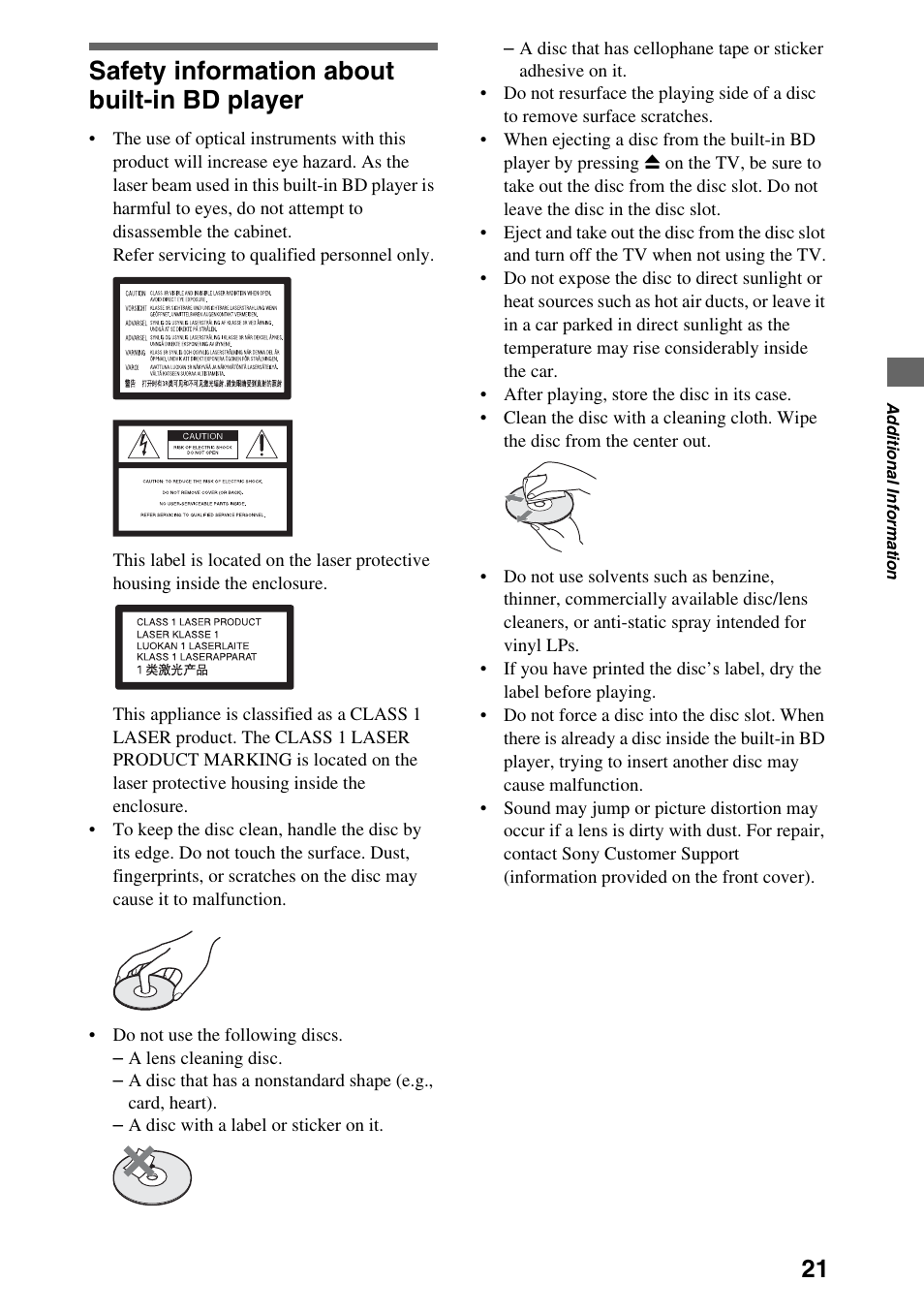 Safety information about built-in bd player | Sony KDL-32EX40B User Manual | Page 21 / 24