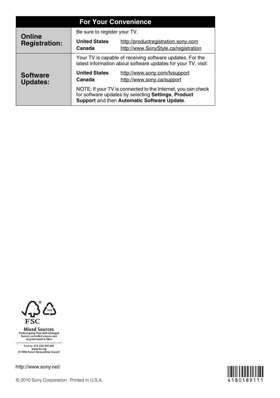 For your convenience online registration, Software updates | Sony KDL-32EX40B User Manual | Page 24 / 24