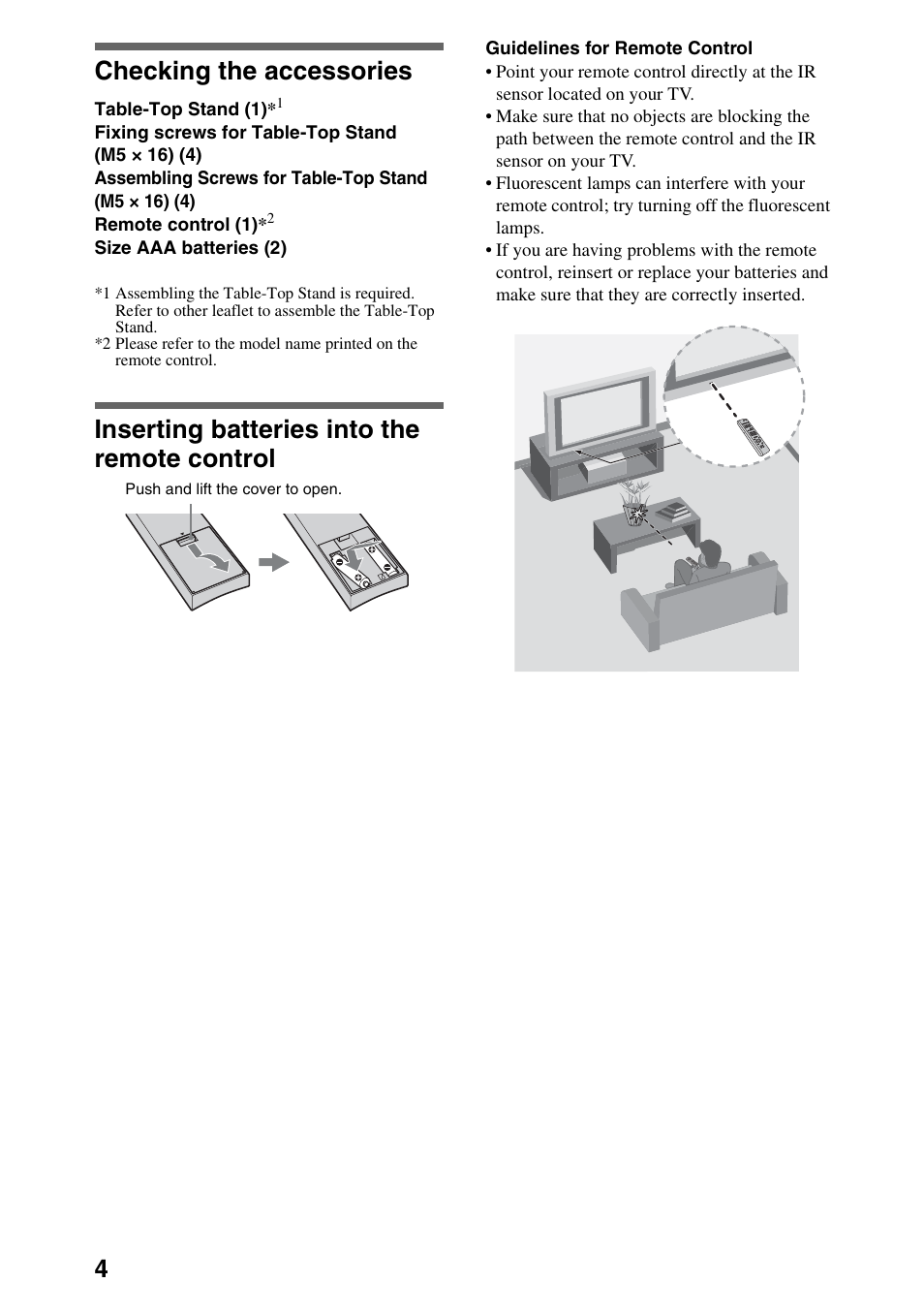 Checking the accessories, Inserting batteries into the remote control | Sony KDL-32EX40B User Manual | Page 4 / 24