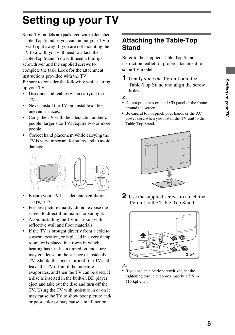 Setting up your tv, Attaching the table-top stand | Sony KDL-32EX40B User Manual | Page 5 / 24