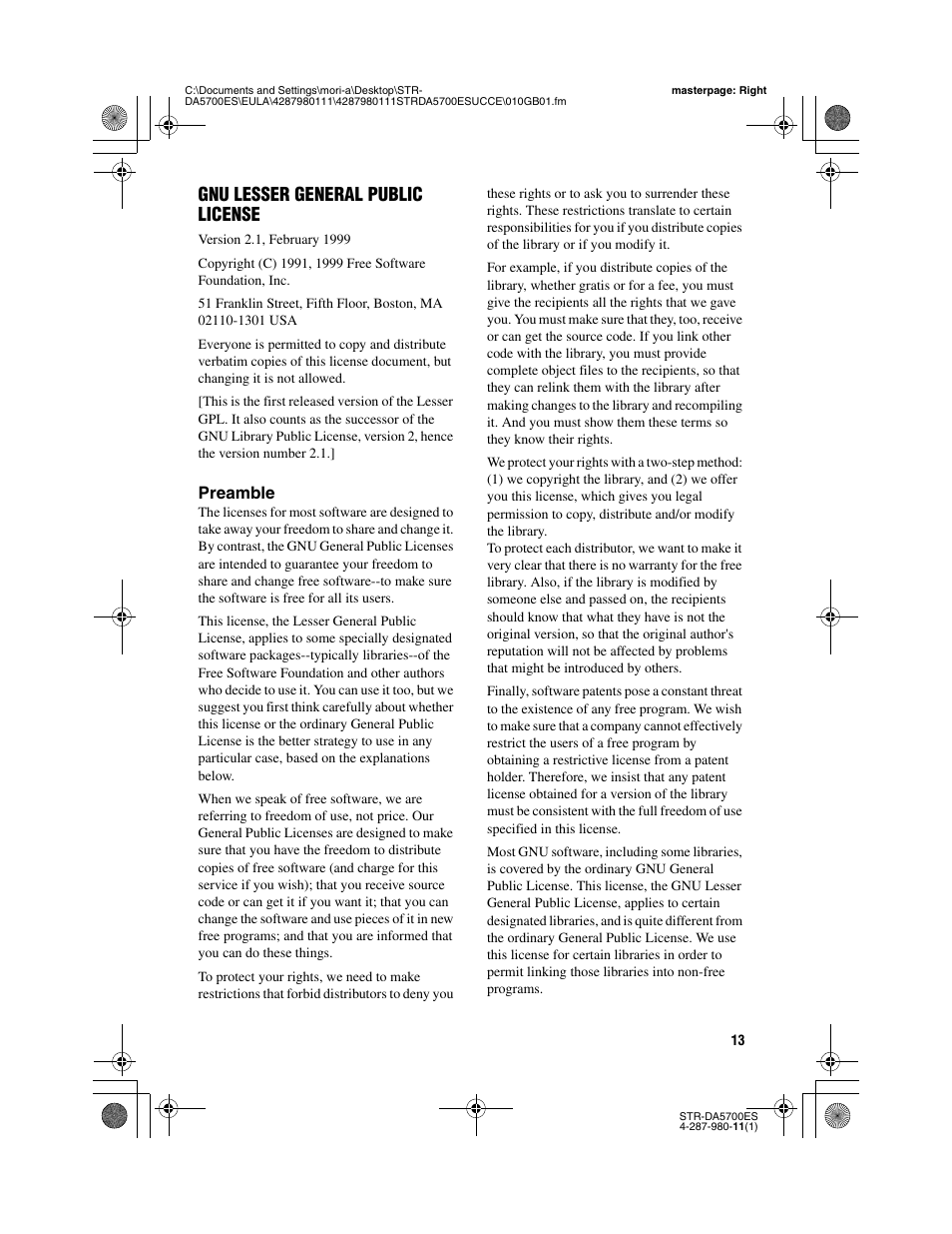 Gnu lesser general public license | Sony STR-DA3700ES User Manual | Page 13 / 64