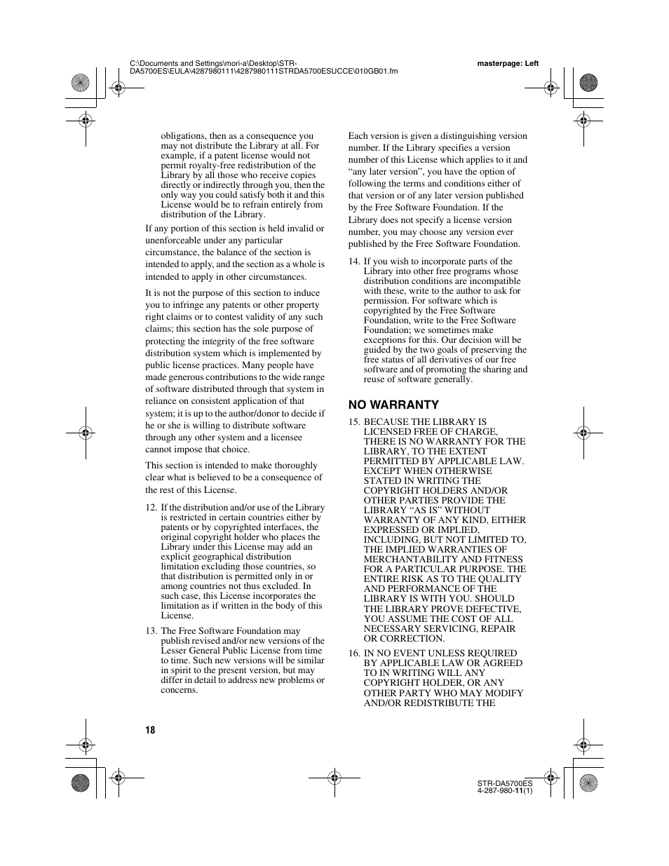 No warranty | Sony STR-DA3700ES User Manual | Page 18 / 64